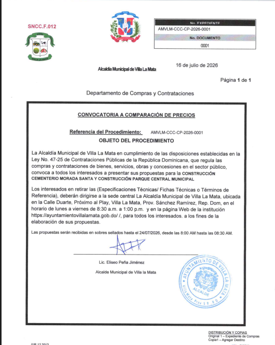 La Alcaldía Municipal de Villa La Mata hace convocatoria para interesados en presentar sus propuestas en Construcción del Cementerio Morada Santa y Parque Central Municipal.